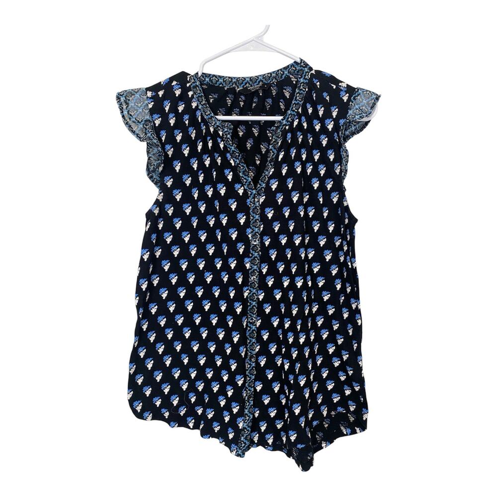 Lucky Brand Women Cotton Blouse Flutter Sleeves Blue Black Button Front M